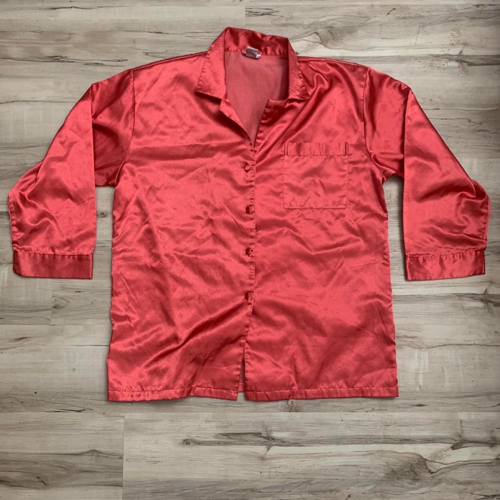 Robert Louis Vintage 1980s Red Satin Silk Blend Button Up Shirt Mens XL